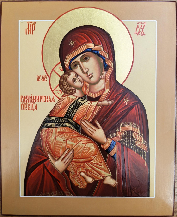Рукописная икона Владимирская икона Божией Матери, дерево, поясной образ 