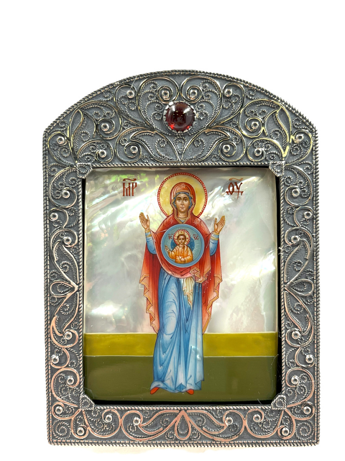 Рукописная икона Икона Божией Матери Знамение, оклад серебро 