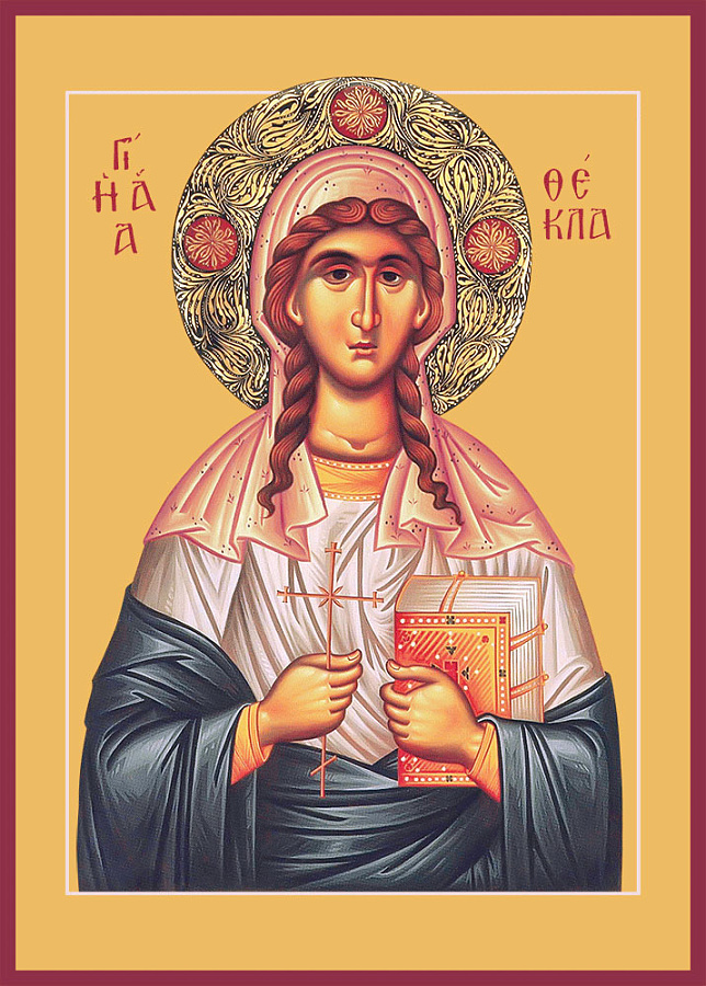 Икона Фекла Иконийская, Селевкийская, равноапостольная первомученица, поясной образ, узорчатый нимб, синий плащ 