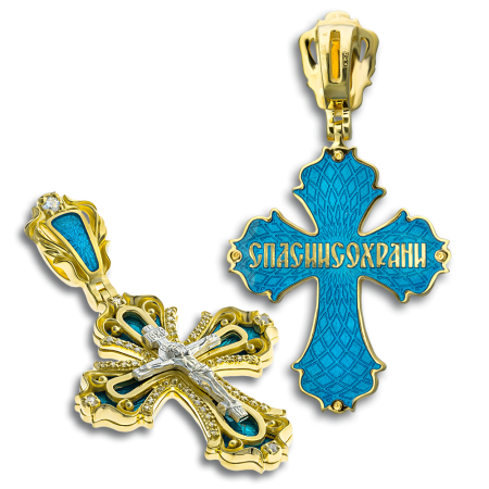 Нательный крест с камнями и эмалью КРЭ 120 серебро/золочение