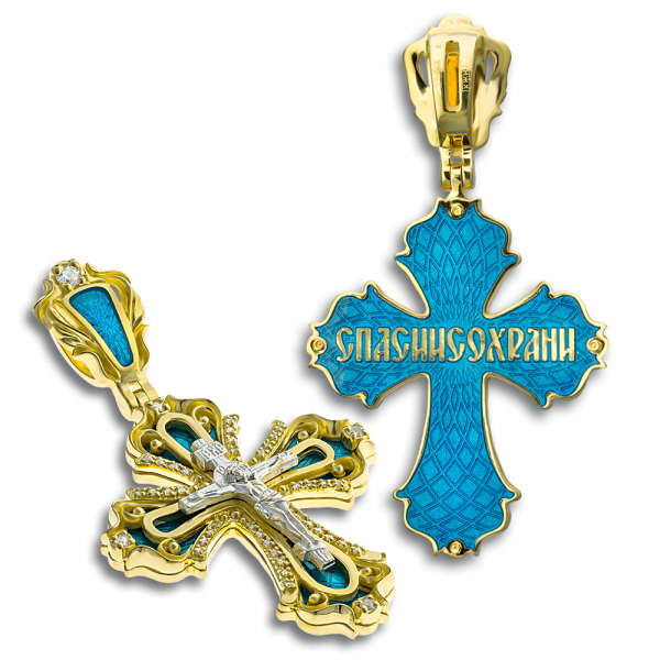 Нательный крест с камнями и эмалью КРЭ 120 серебро/золочение