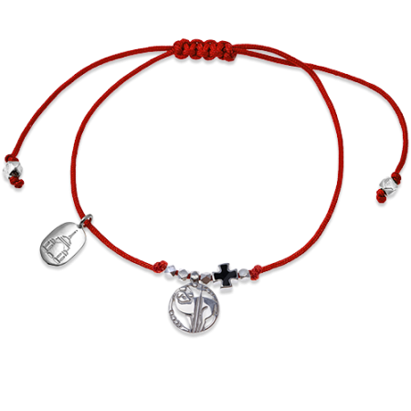 Браслет «крестик и агнец» на красной веревочке серебро/родий