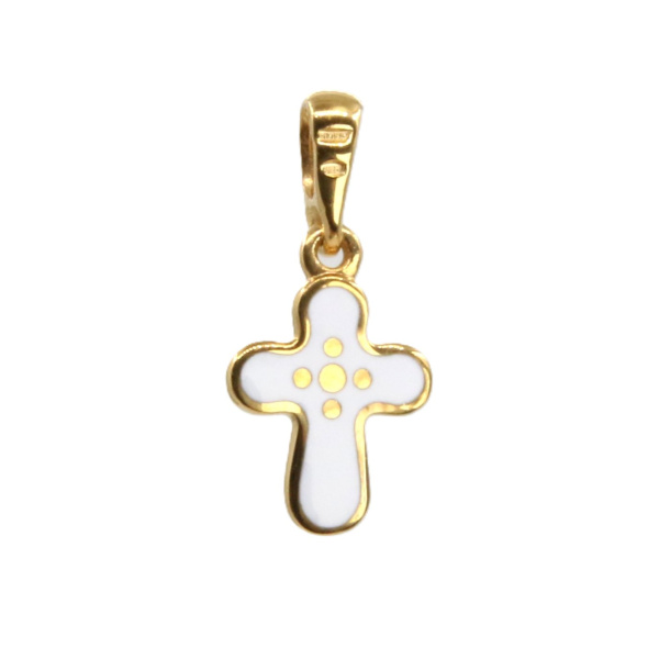 Детский крестик с горячей эмалью белый «КРЭ13» серебро/позолота