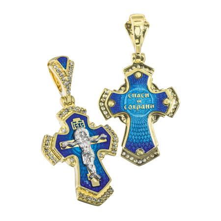 Нательный крест с камнями и эмалью КРЭ 118 серебро/золочение